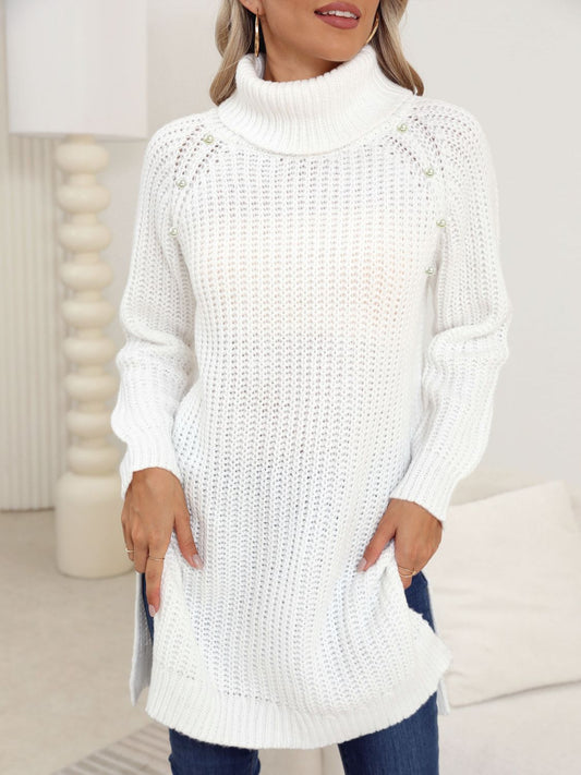 Slit Turtleneck Long Sleeve Sweater – Stylish and Cozy Layering Essential
