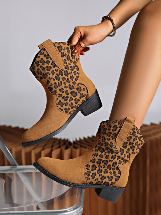 Leopard Suede Block Heel Boots – Stylish & Comfortable Animal Print Ankle Boots