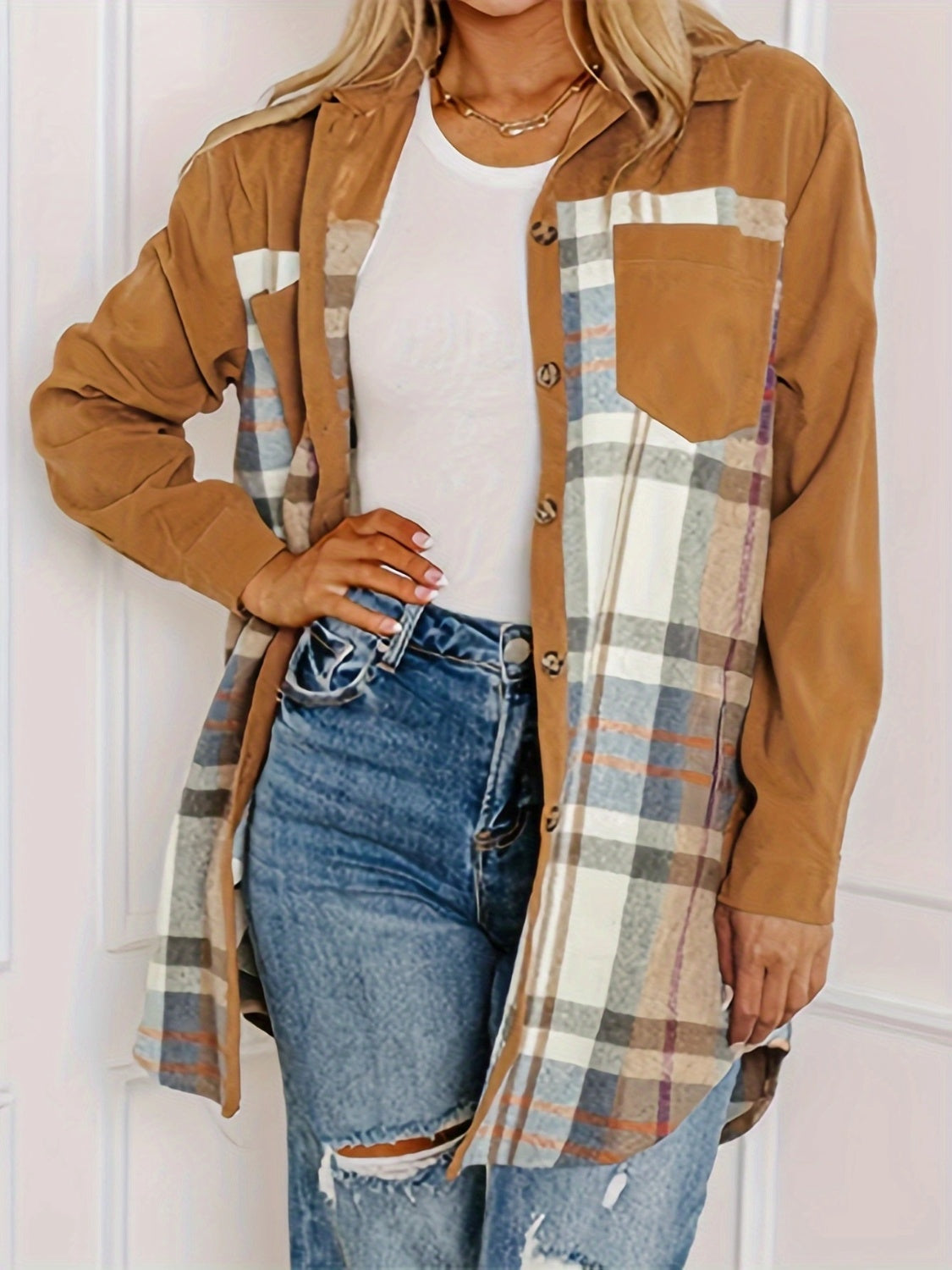 Plaid Collared Neck Long Sleeve Jacket – Stylish Layering Essential