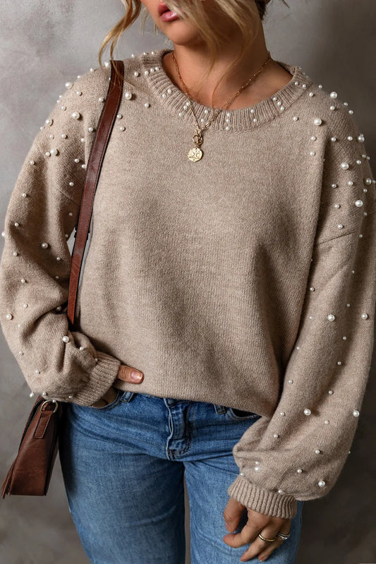 Plus Size Pearl Detail Sweater – Elegant Round Neck Long Sleeve Knit