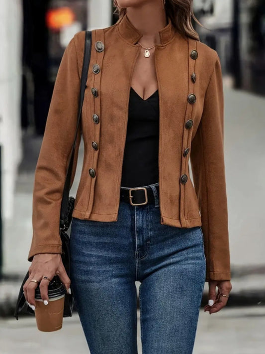Decorative Button Open Front Long Sleeve Jacket – Elegant & Versatile Outerwear
