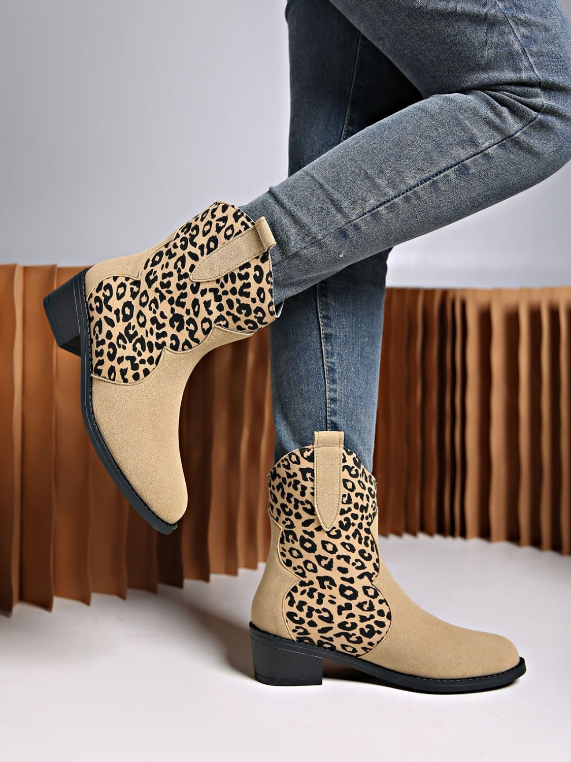 Leopard Suede Block Heel Boots – Stylish & Comfortable Animal Print Ankle Boots