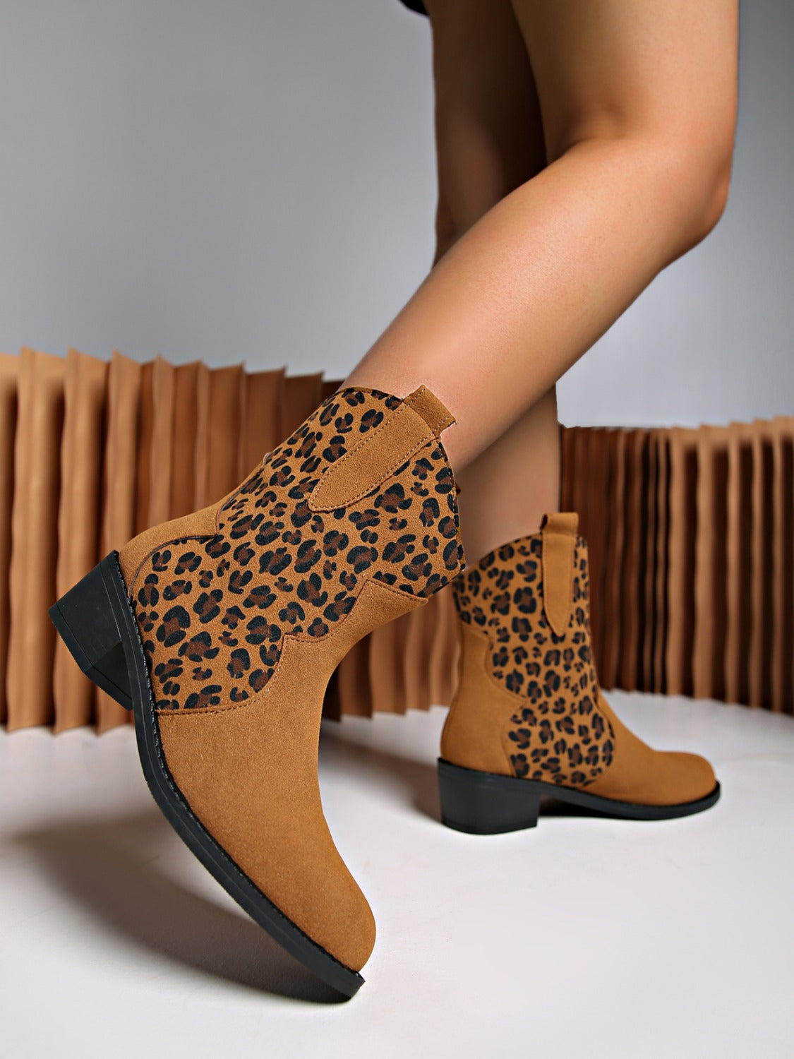 Leopard Suede Block Heel Boots – Stylish & Comfortable Animal Print Ankle Boots