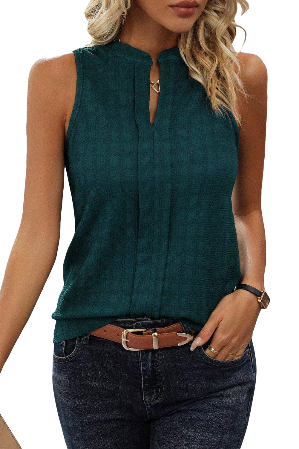 Sea Green Lattice Textured Split Neck Tank Top - Saucy and Chic