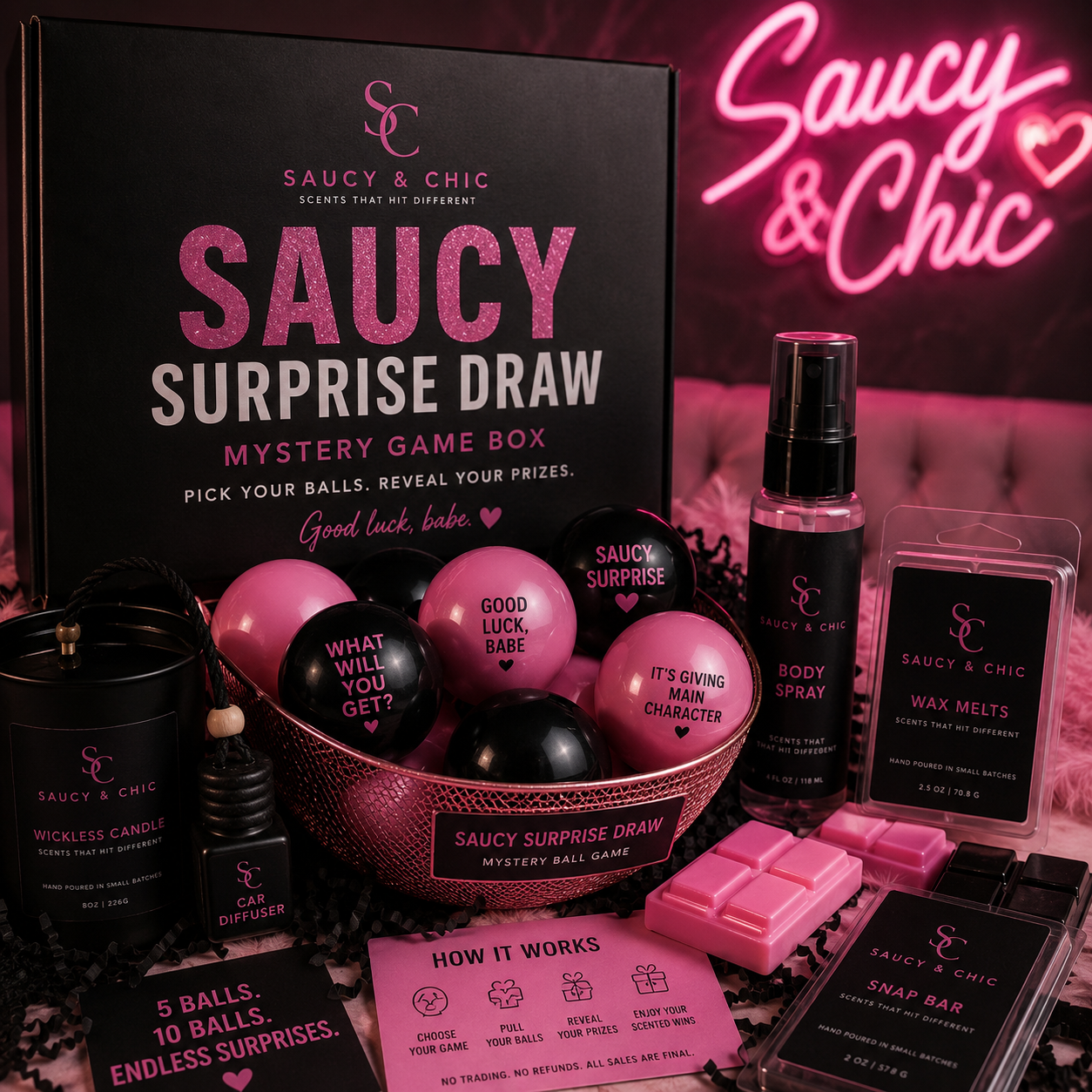 🎲 Saucy Surprise Draw Mystery Game Box Wax Melts • Snap Bars • Car Diffusers • Wickless Candles • Body Spray Prizes