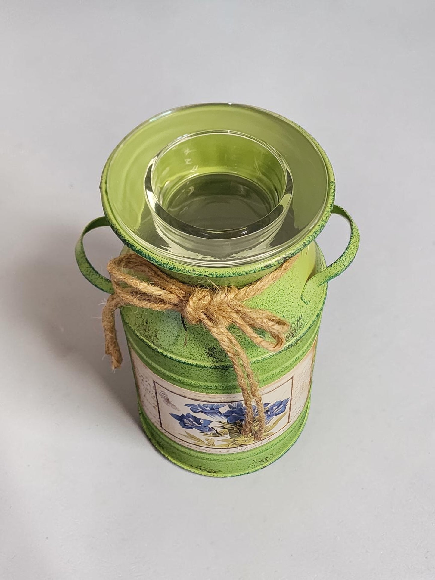 Rustic Green Milk Can Wax Melt Warmer-Vintage Farmhouse Electric Burner With Twine Bow and Blue Floral Detail