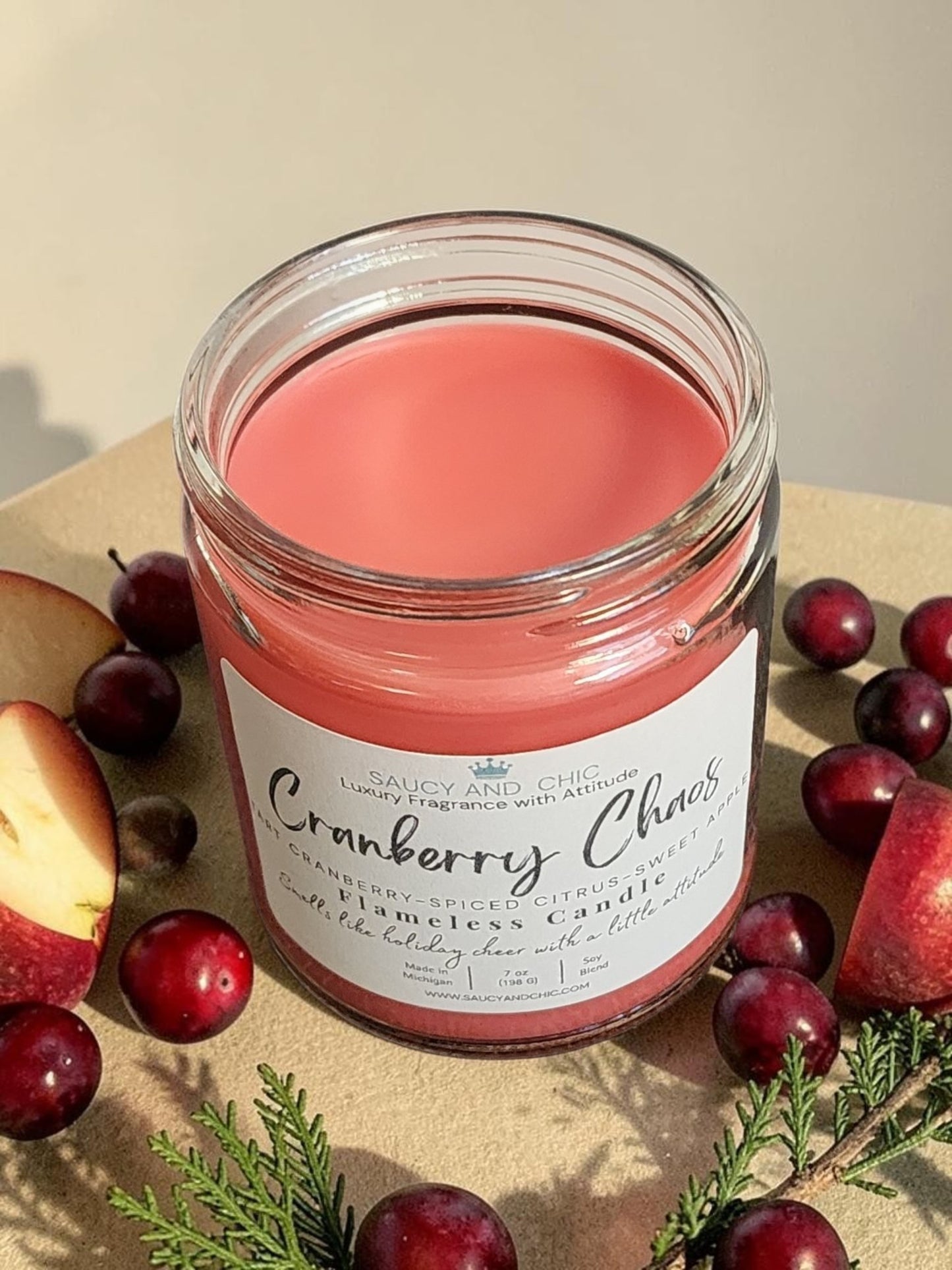 Cranberry Chaos Wickless Candle | Sweet Cranberry & Spiced Holiday Aroma | Saucy & Chic