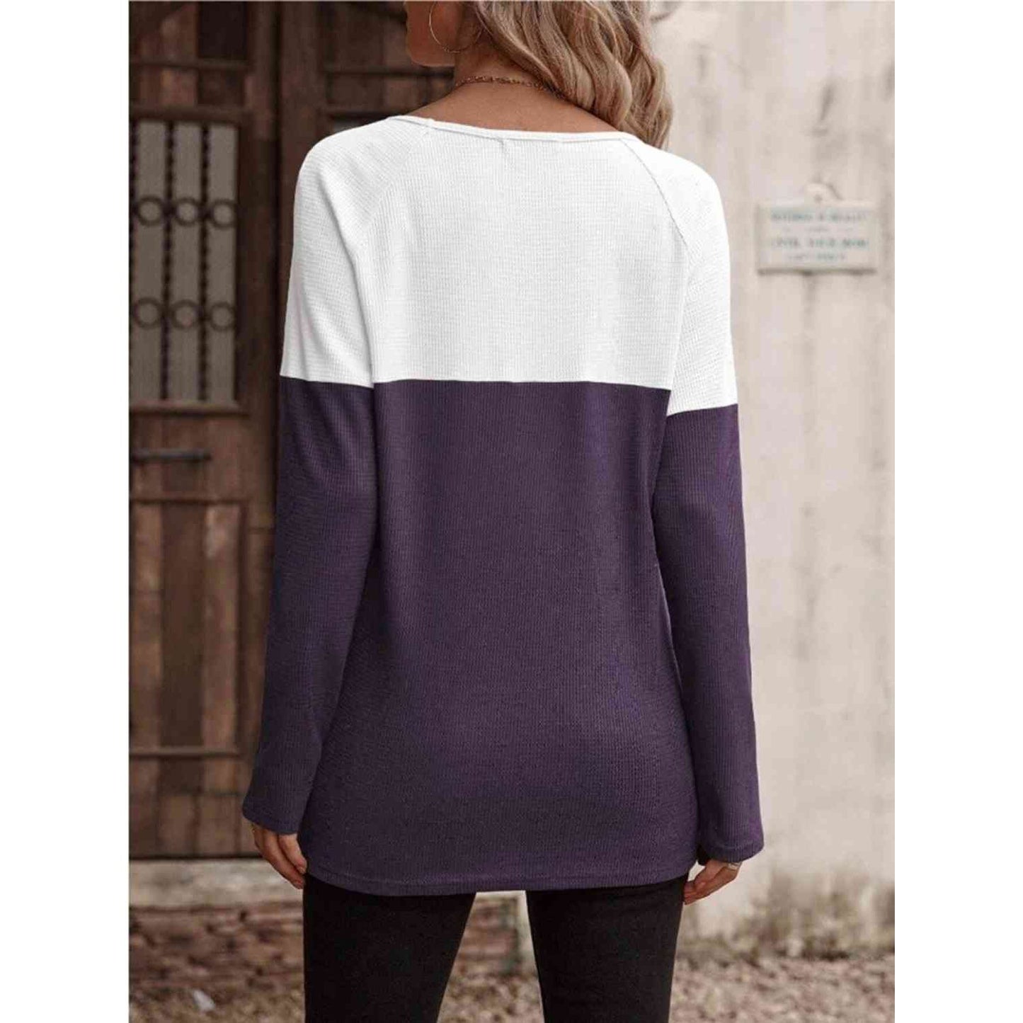 Contrast Round Neck Long Sleeve T-Shirt - Saucy and Chic