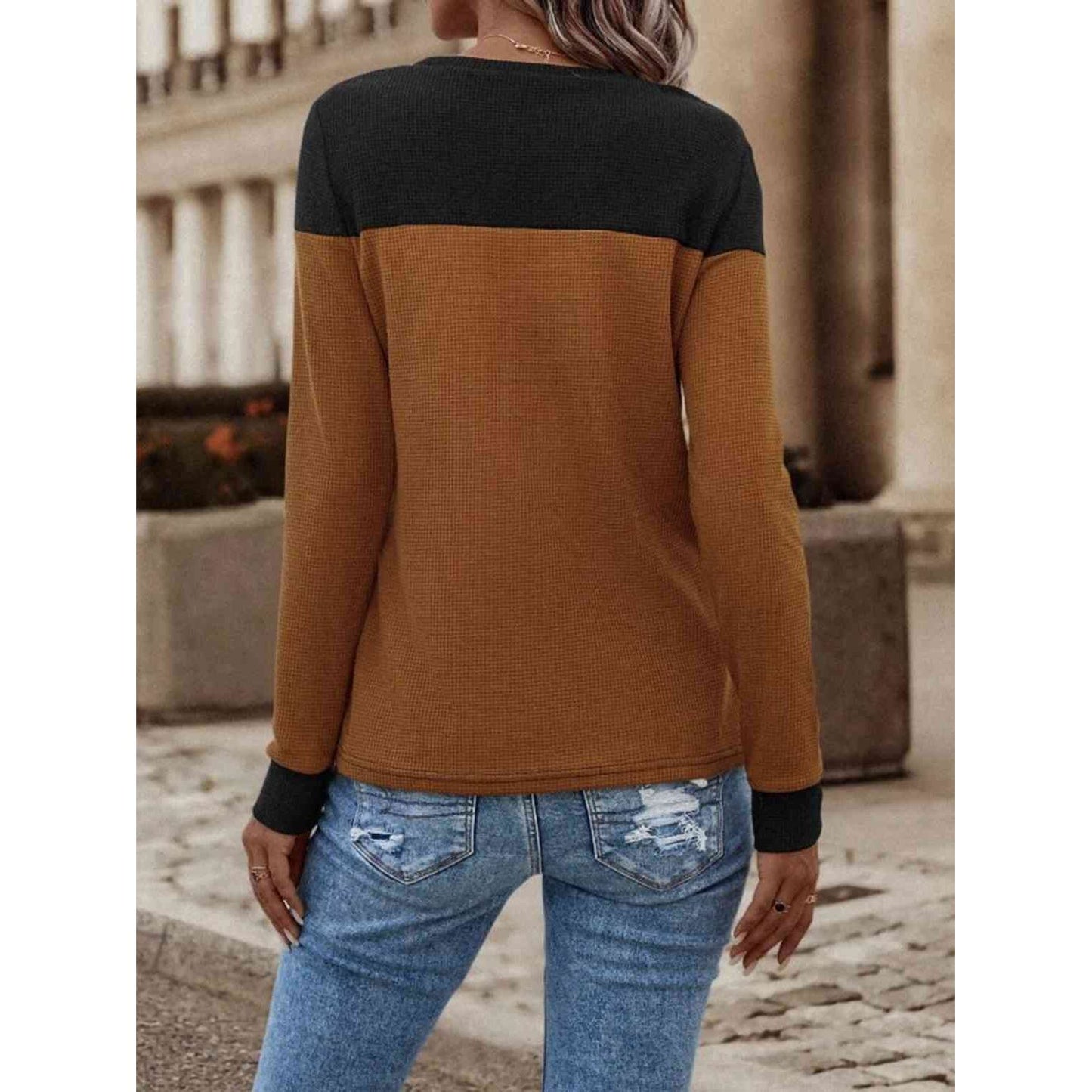 Contrast Buttoned Round Neck Long Sleeve T-Shirt - Saucy and Chic