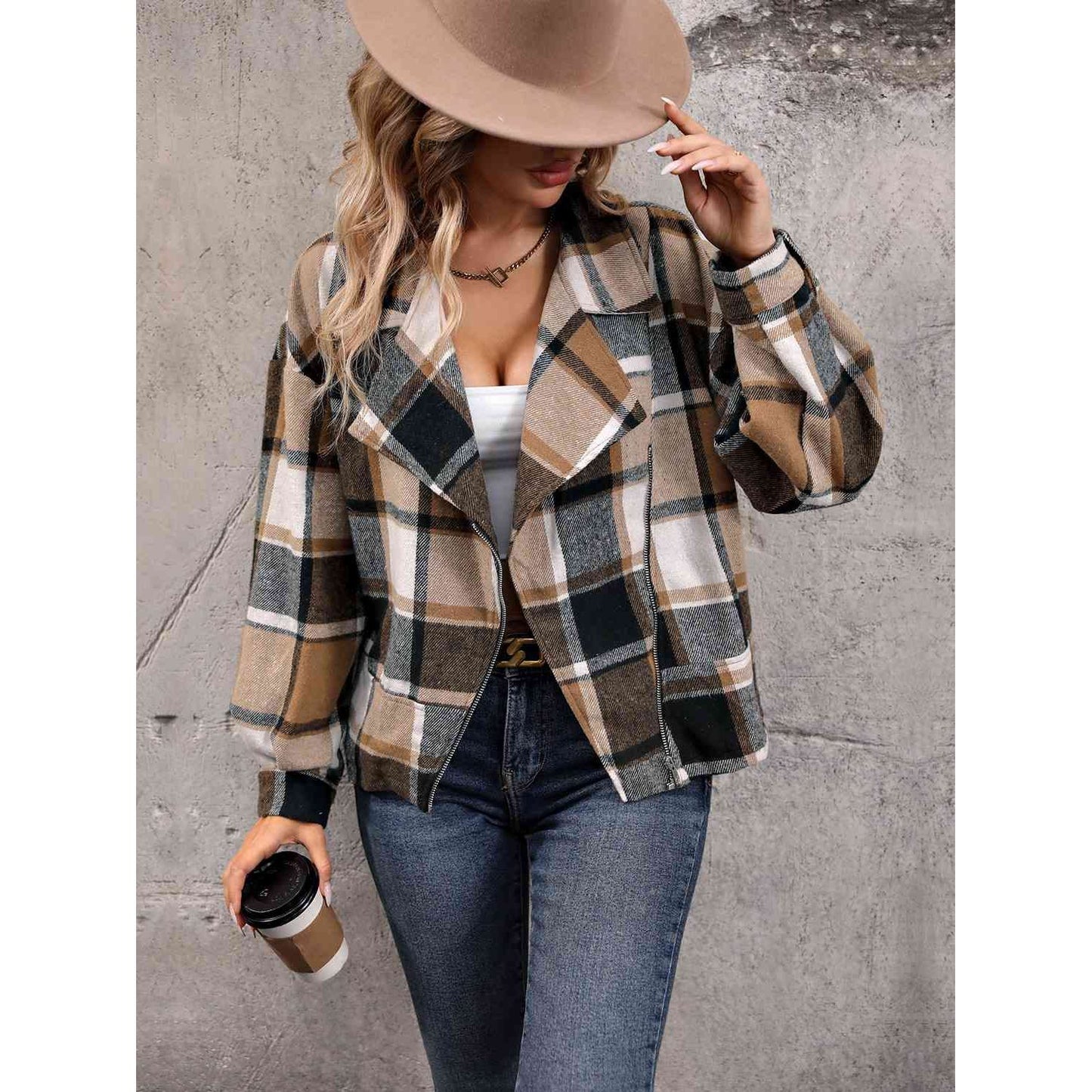 Plaid Collared Neck Long Sleeve Jacket - Saucy and Chic