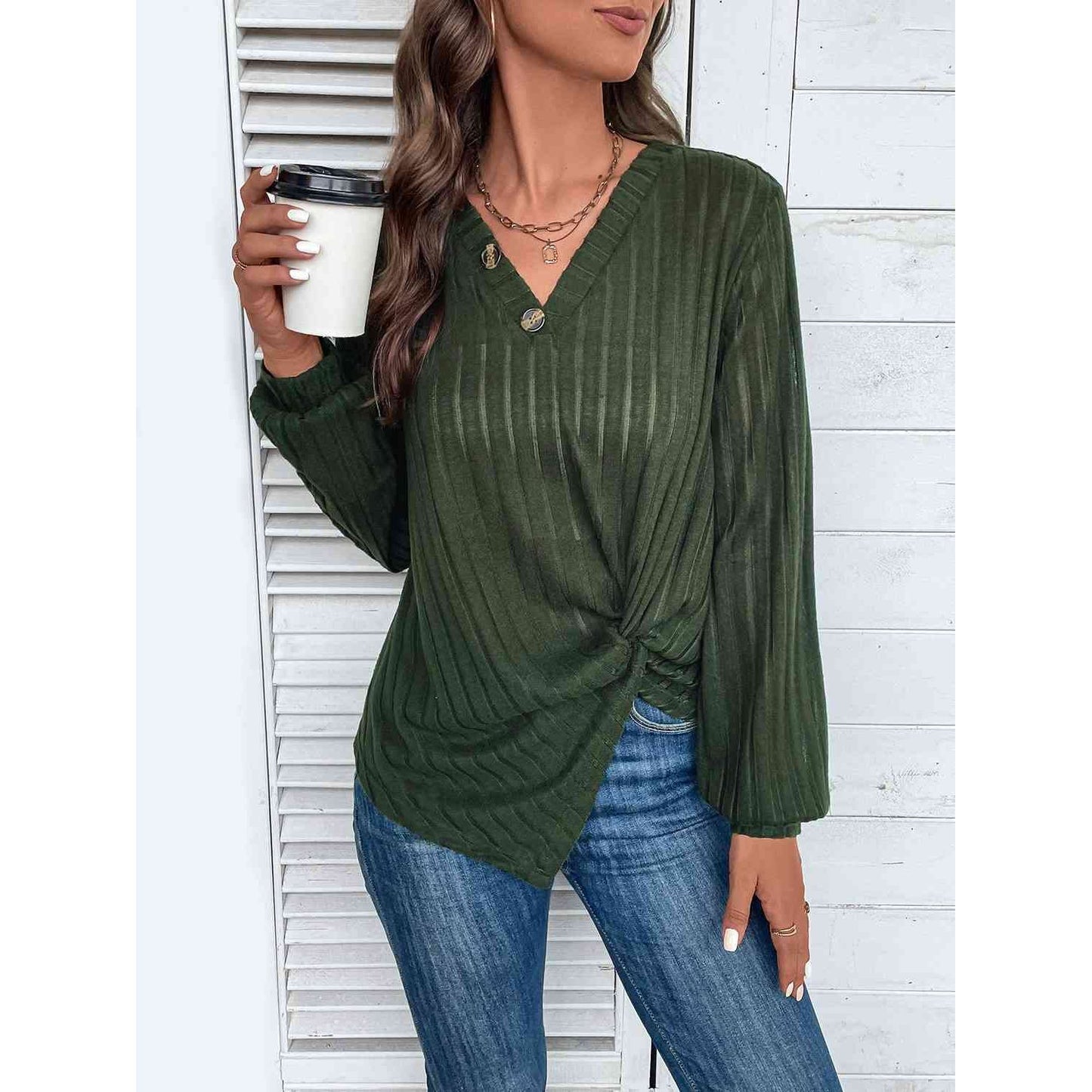 Twisted V-Neck Buttoned Long Sleeve T-Shirt - Saucy and Chic