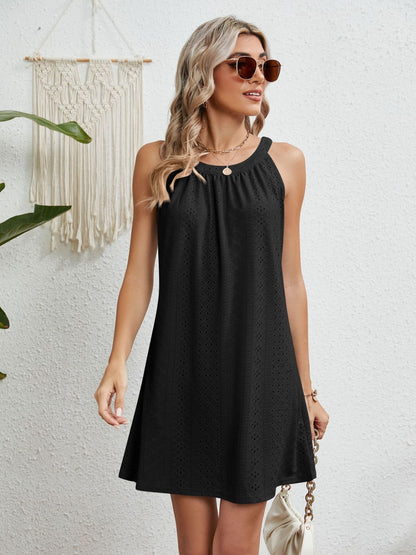 Eyelet Grecian Neck Mini Dress - Saucy and Chic 