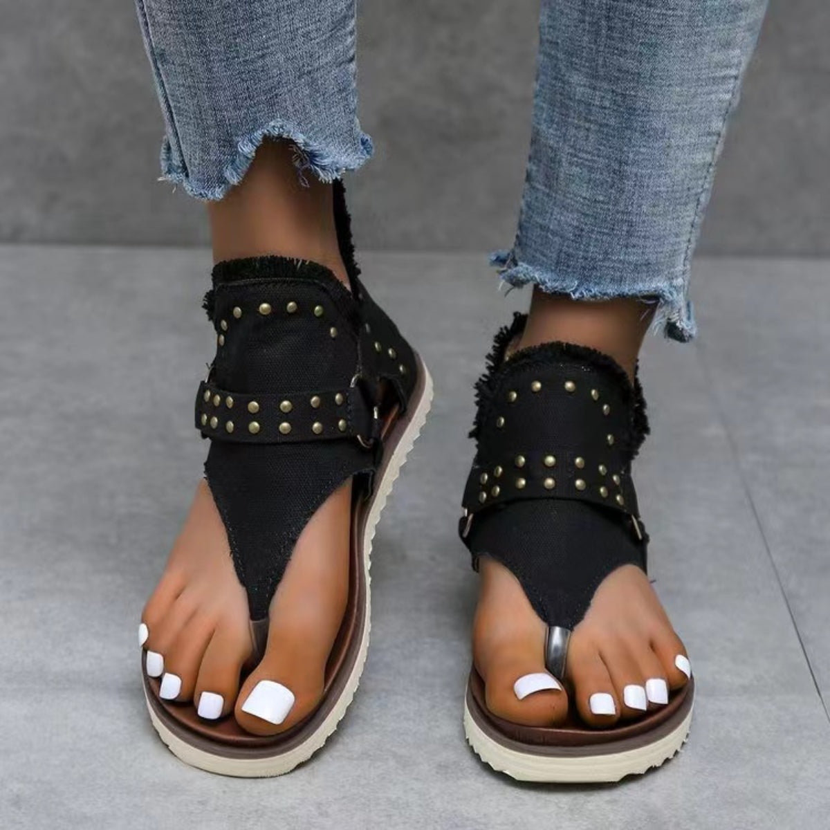 Studded Raw Hem Flat Sandals - Saucy and Chic 