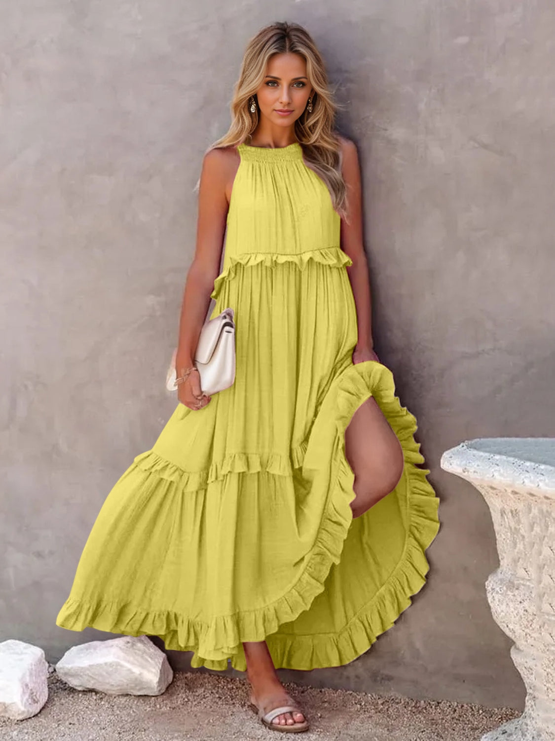 Ruffled Sleeveless Tiered Maxi Dress with Pockets - Saucy and Chic 