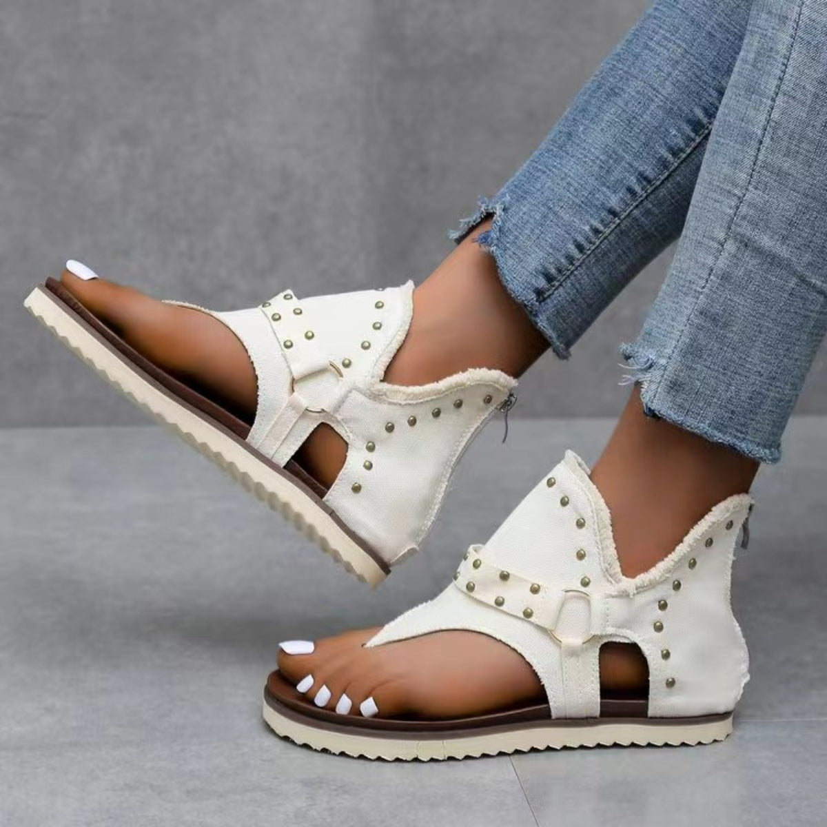 Studded Raw Hem Flat Sandals - Saucy and Chic 