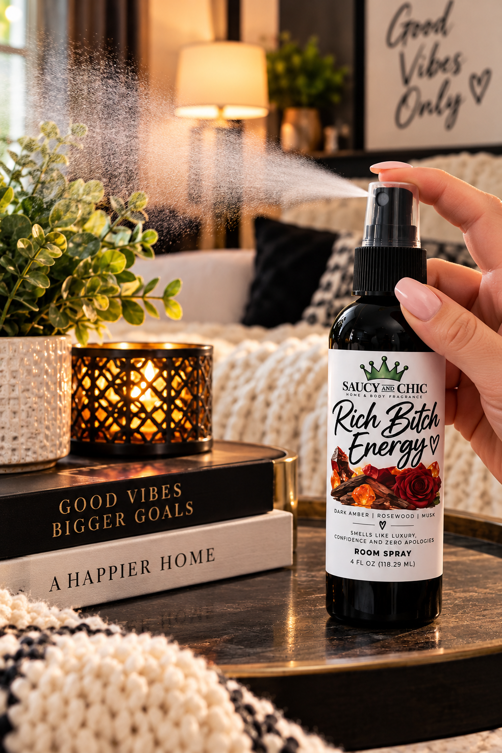 Rich Bitch Energy Room Spray | Dark Amber, Rosewood & Musk | 4 oz Luxury Home Fragrance