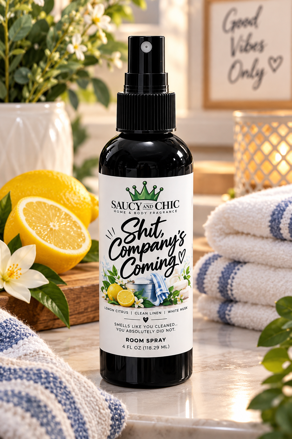 Shit, Company's Coming! Room Spray | Lemon, Clean Linen & White Musk | 4 oz Fresh Home Fragrance