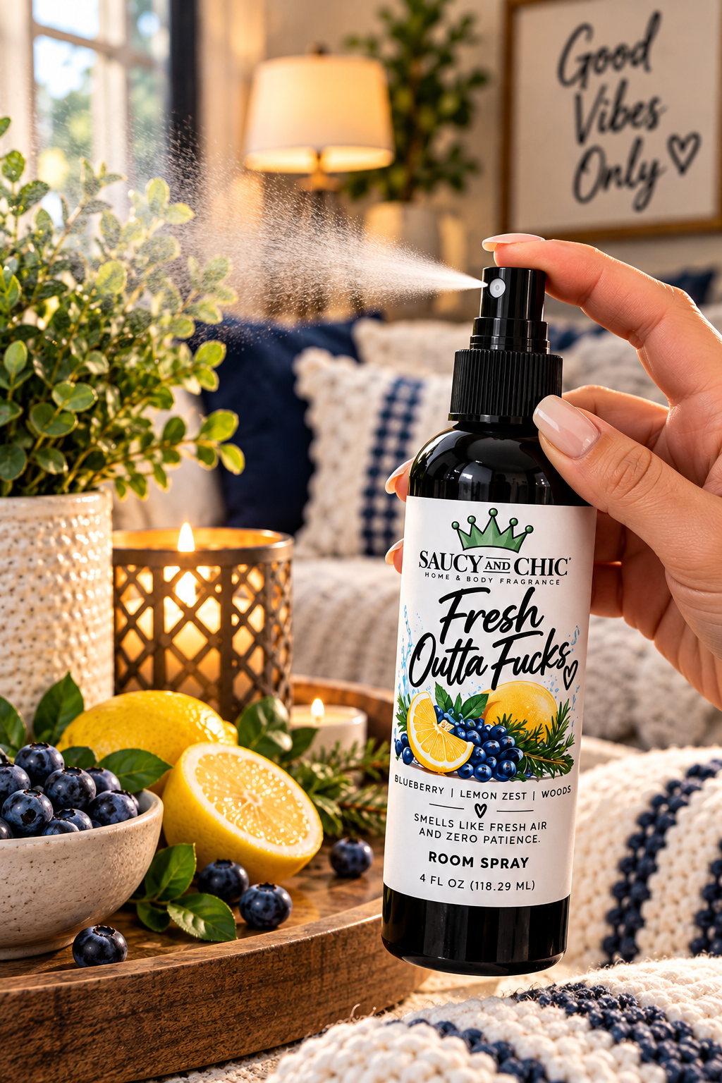 Fresh Outta Fucks Room Spray | Blueberry, Lemon Zest & Woods | 4 oz Fruity Home Fragrance