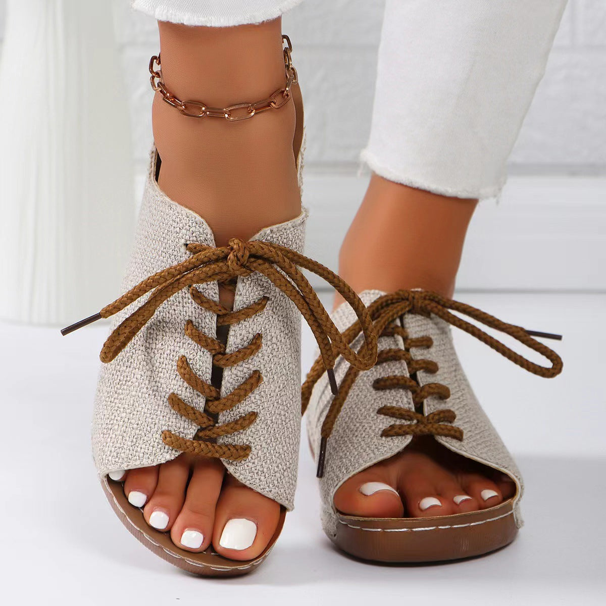 Lace-Up Open Toe Wedge Sandals - Saucy and Chic 