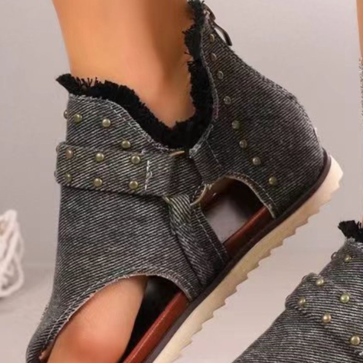 Studded Raw Hem Flat Sandals - Saucy and Chic 