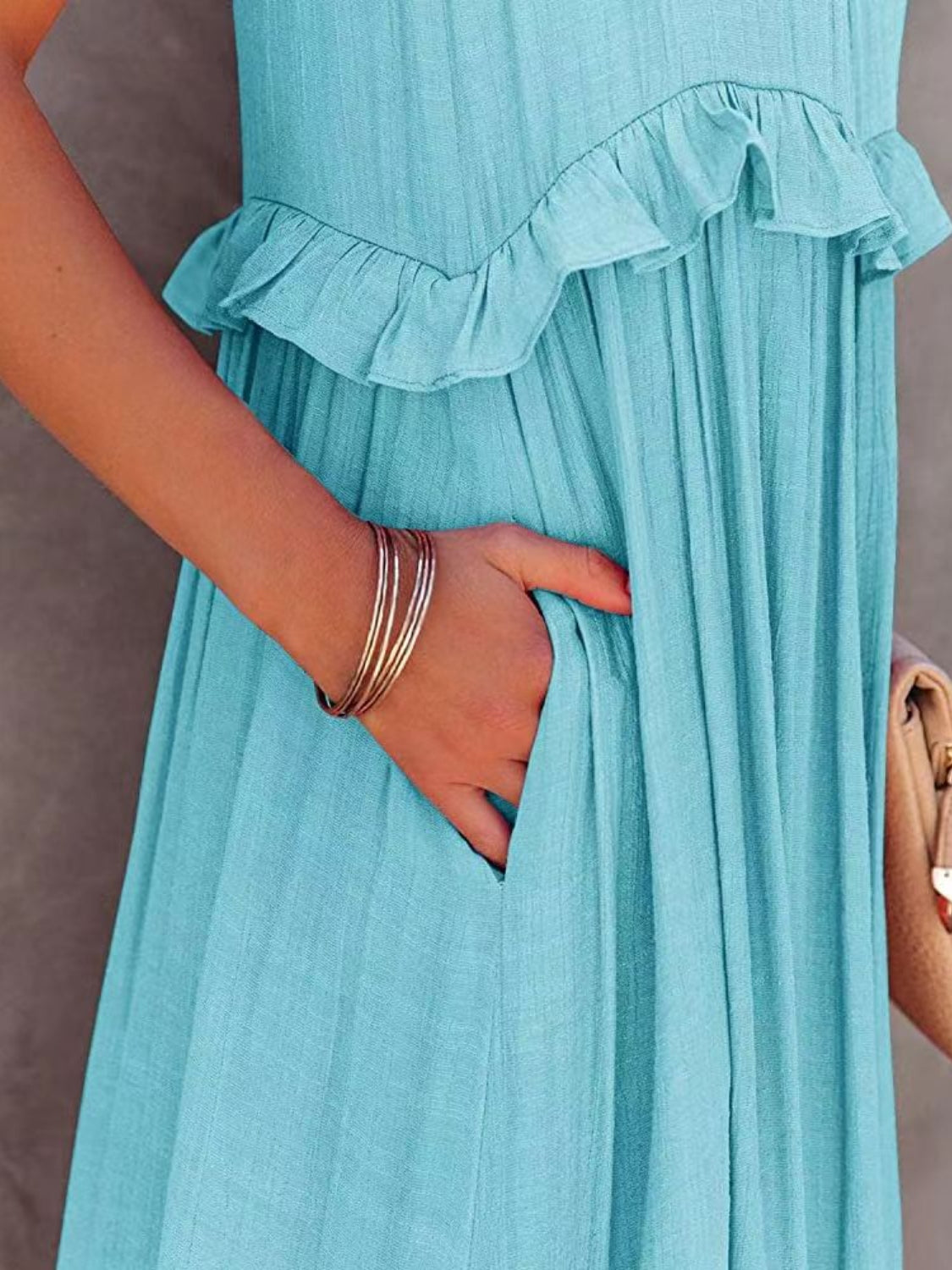 Ruffled Sleeveless Tiered Maxi Dress with Pockets - Saucy and Chic 