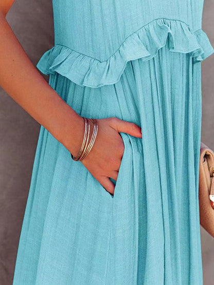 Ruffled Sleeveless Tiered Maxi Dress with Pockets - Saucy and Chic 