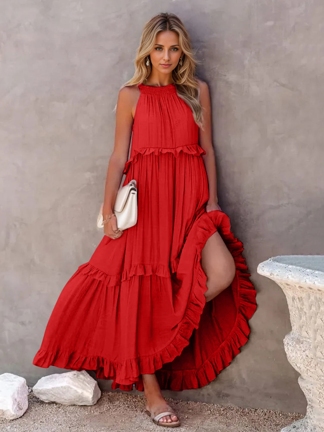 Ruffled Sleeveless Tiered Maxi Dress with Pockets - Saucy and Chic 