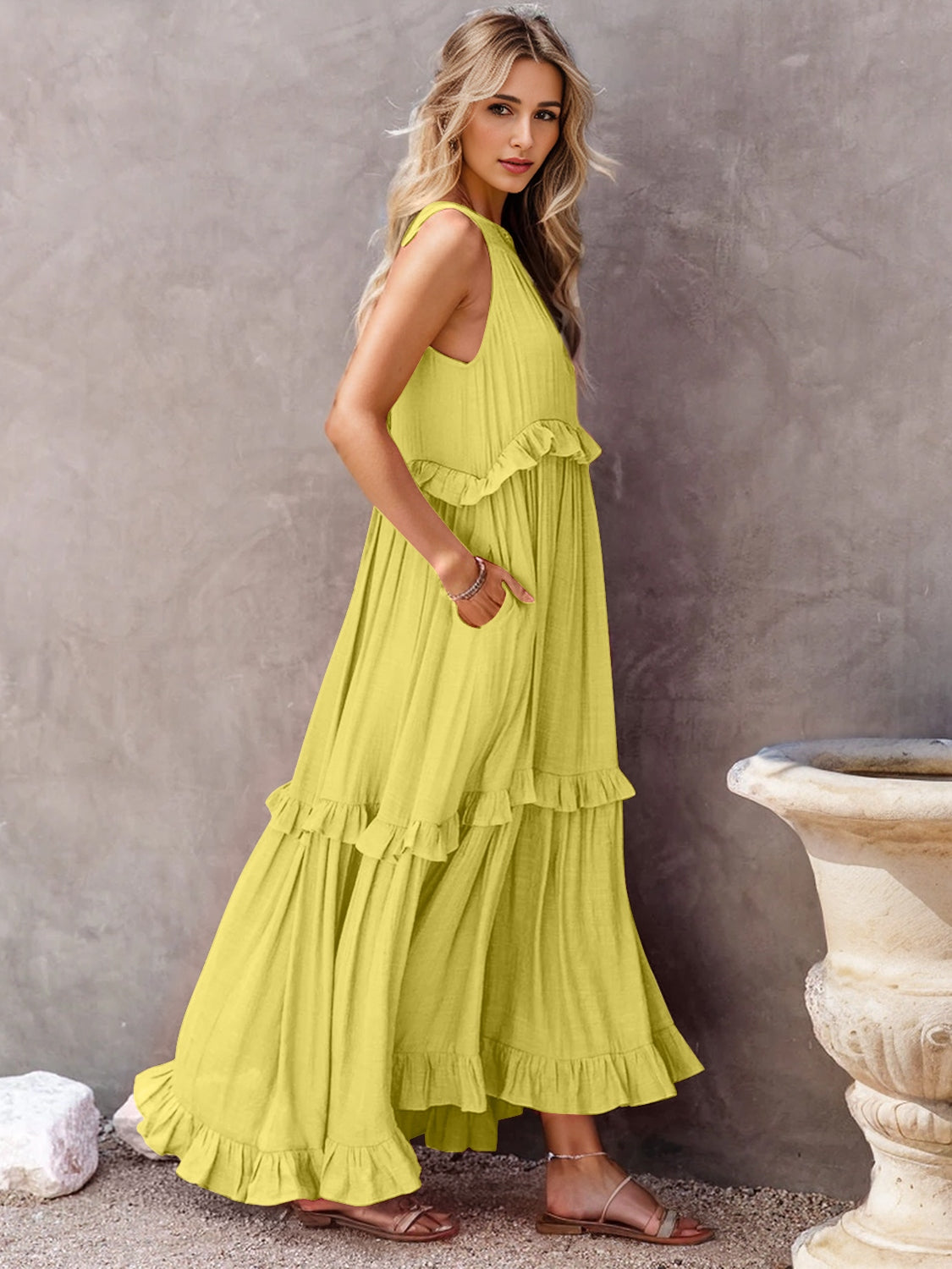 Ruffled Sleeveless Tiered Maxi Dress with Pockets - Saucy and Chic 