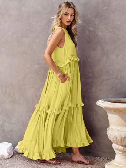 Ruffled Sleeveless Tiered Maxi Dress with Pockets - Saucy and Chic 