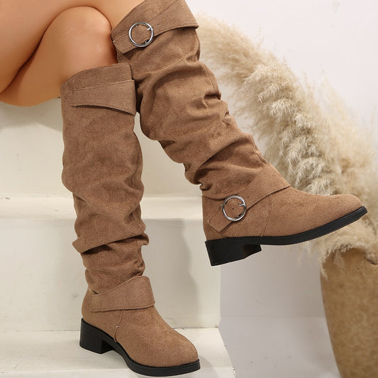 Buckle Round Toe Block Heel Boots – Stylish Comfort with Modern Edge