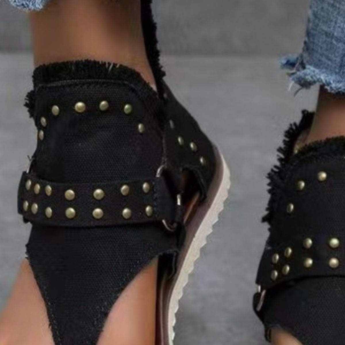 Studded Raw Hem Flat Sandals - Saucy and Chic 