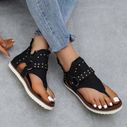 Studded Raw Hem Flat Sandals - Saucy and Chic 