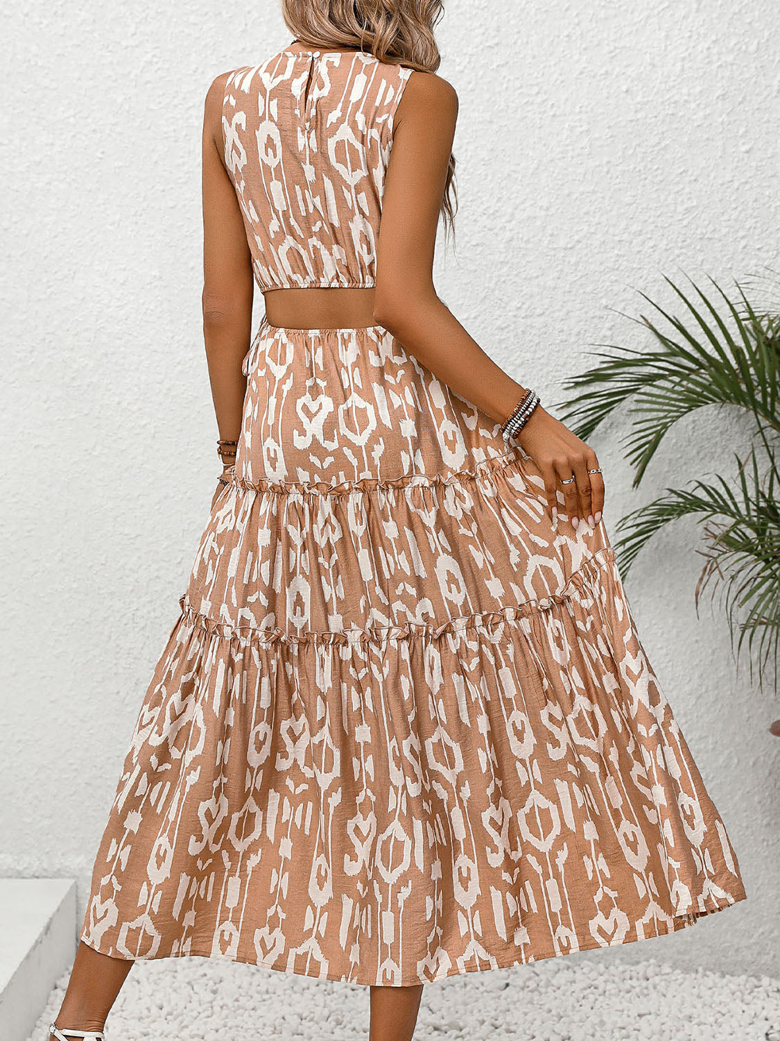 Frill Cutout Printed Round Neck Sleeveless Dress - Saucy and Chic 