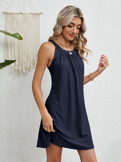 Eyelet Grecian Neck Mini Dress - Saucy and Chic 