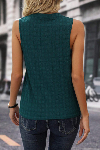 Sea Green Lattice Textured Split Neck Tank Top - Saucy and Chic 