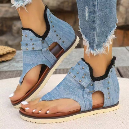 Studded Raw Hem Flat Sandals - Saucy and Chic 