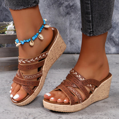 PU Leather Crisscross Wedge Sandals - Saucy and Chic 