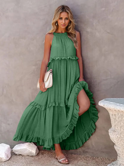 Ruffled Sleeveless Tiered Maxi Dress with Pockets - Saucy and Chic 