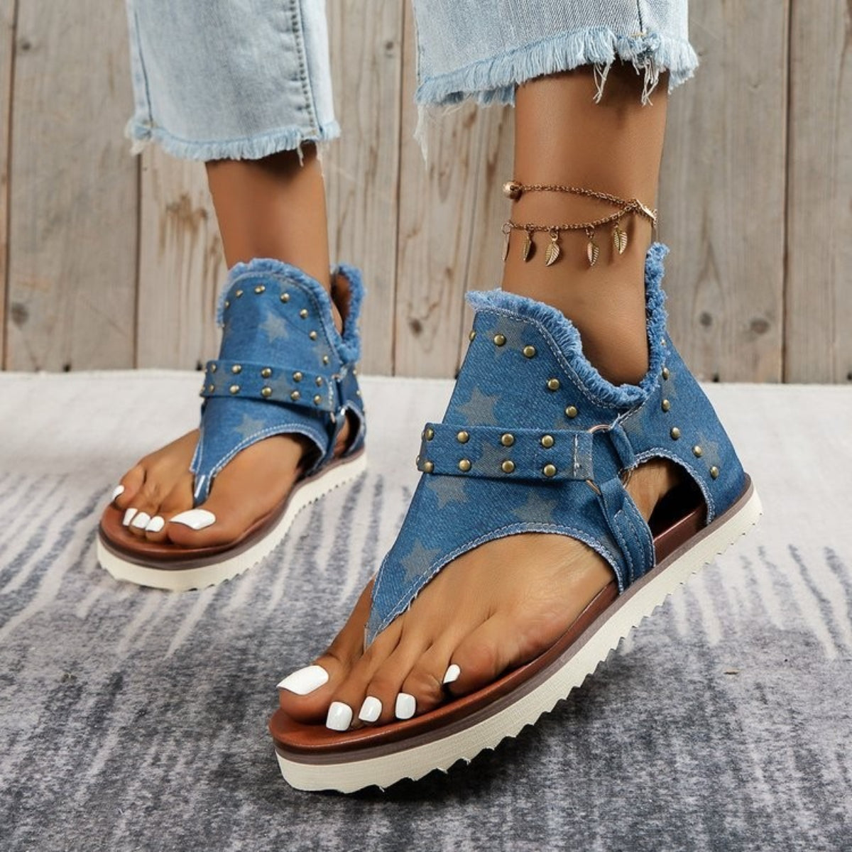 Studded Raw Hem Flat Sandals - Saucy and Chic 