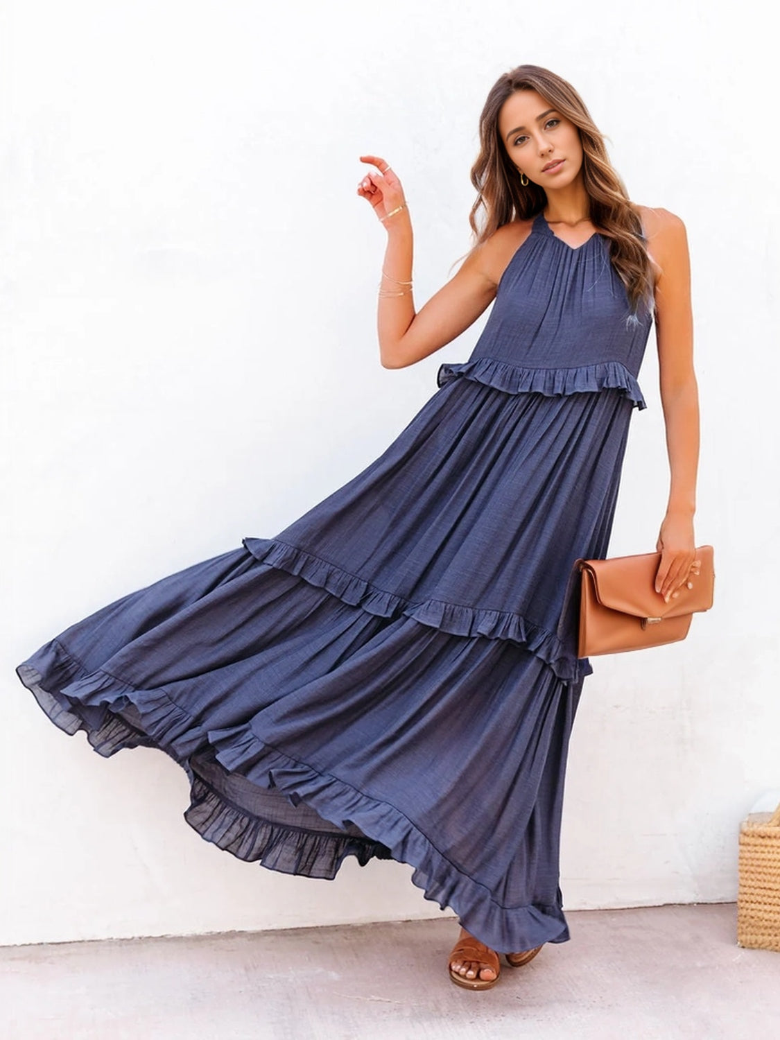 Ruffled Sleeveless Tiered Maxi Dress with Pockets - Saucy and Chic 