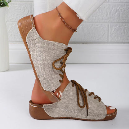 Lace-Up Open Toe Wedge Sandals - Saucy and Chic 