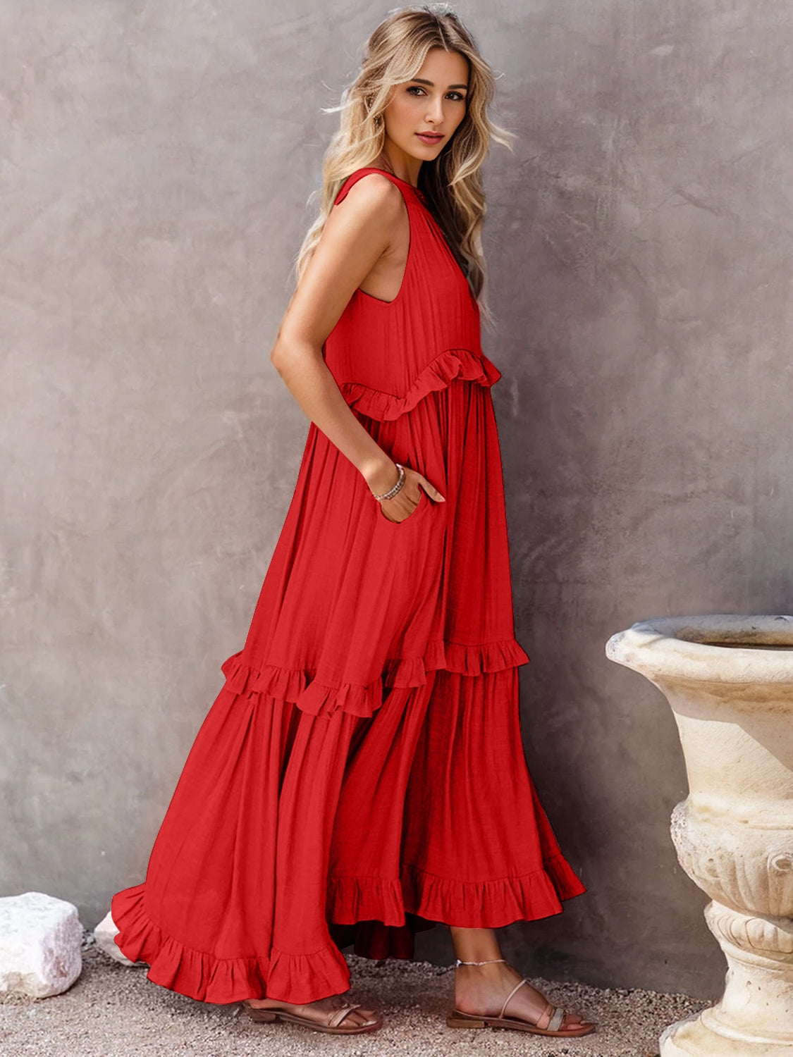 Ruffled Sleeveless Tiered Maxi Dress with Pockets - Saucy and Chic 