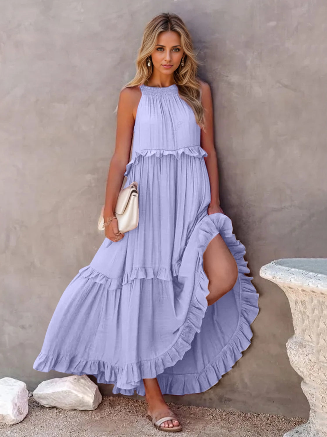 Ruffled Sleeveless Tiered Maxi Dress with Pockets - Saucy and Chic 