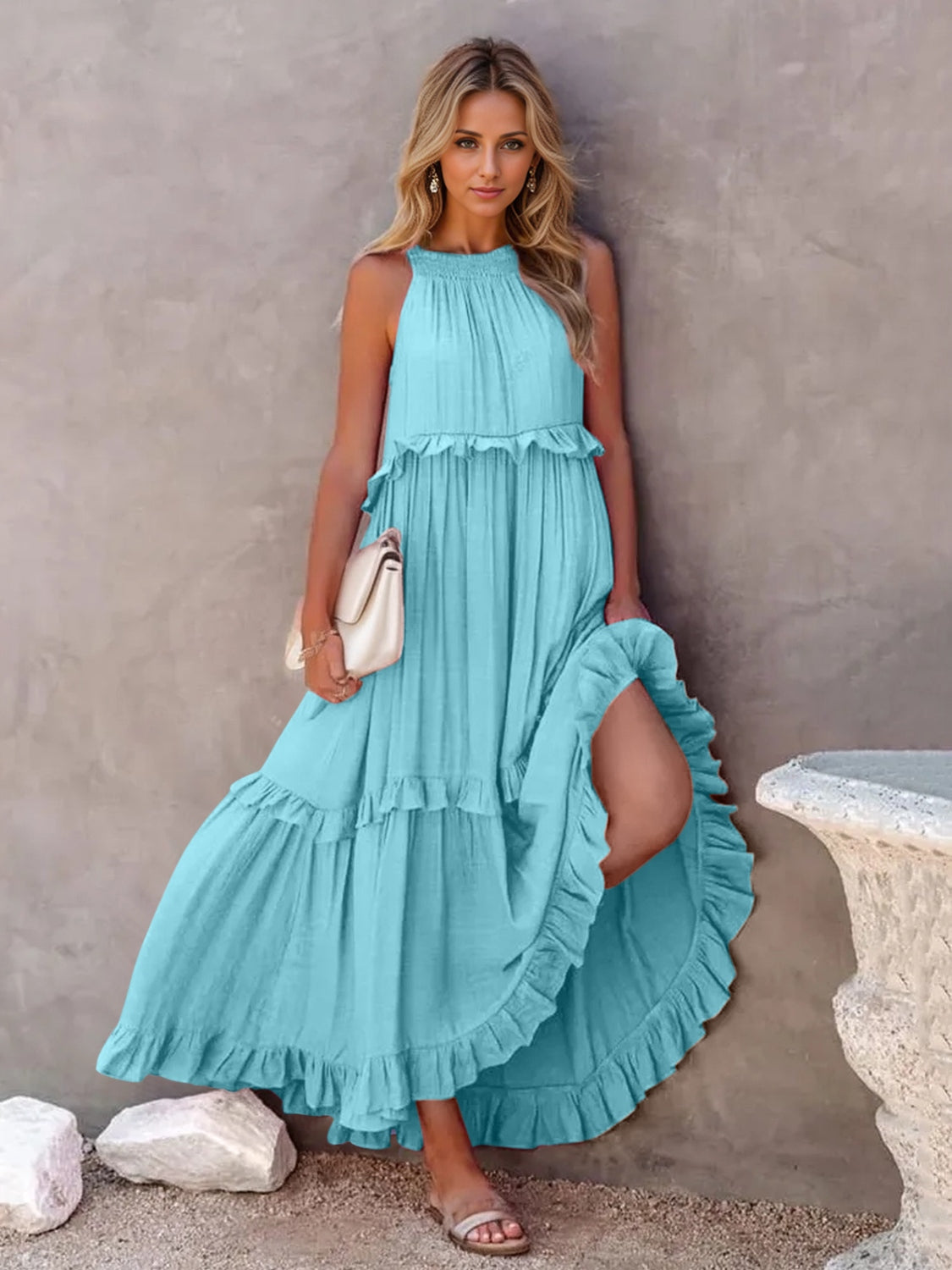 Ruffled Sleeveless Tiered Maxi Dress with Pockets - Saucy and Chic 