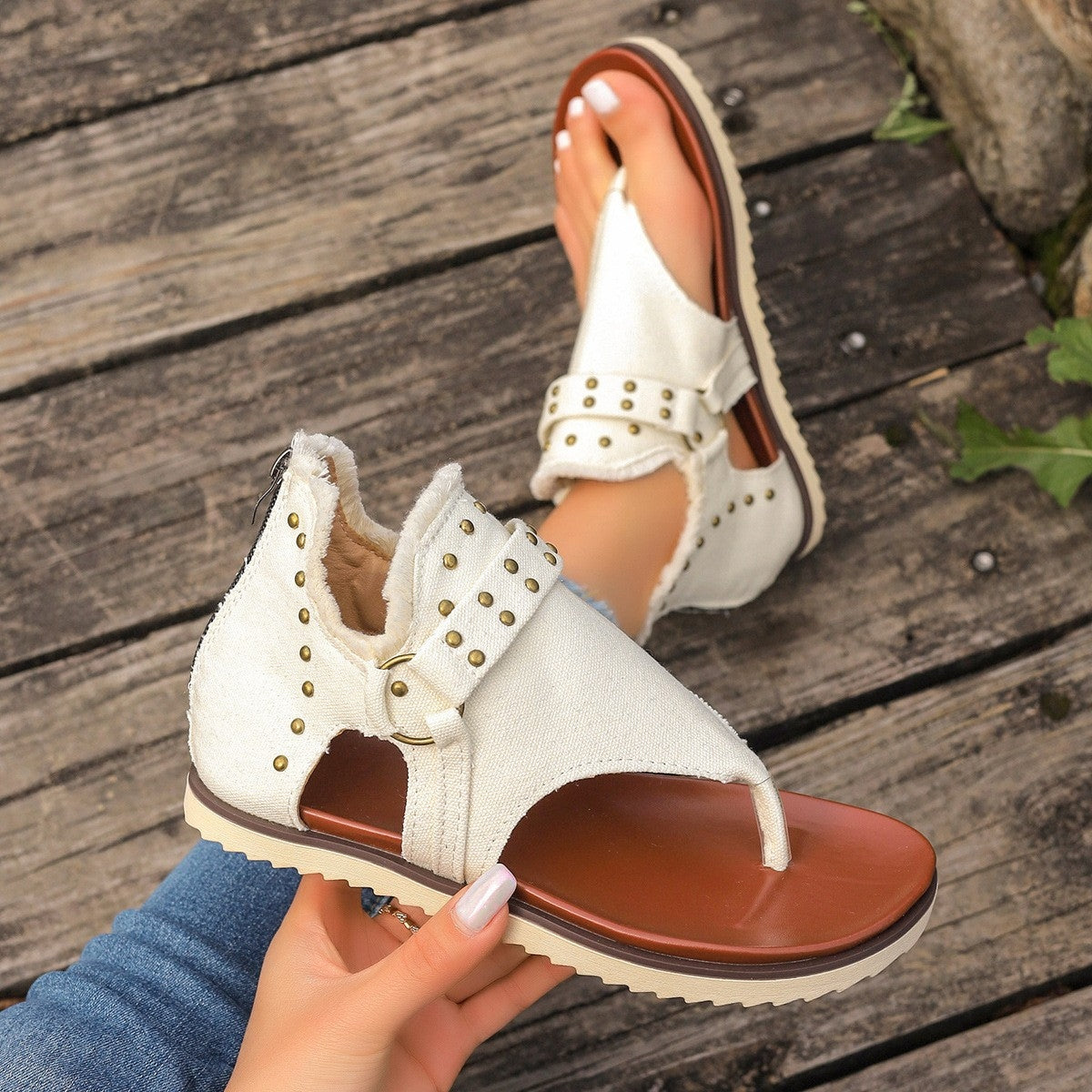 Studded Raw Hem Flat Sandals - Saucy and Chic 