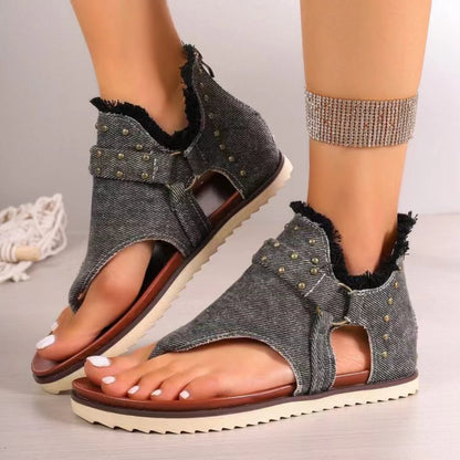 Studded Raw Hem Flat Sandals - Saucy and Chic 