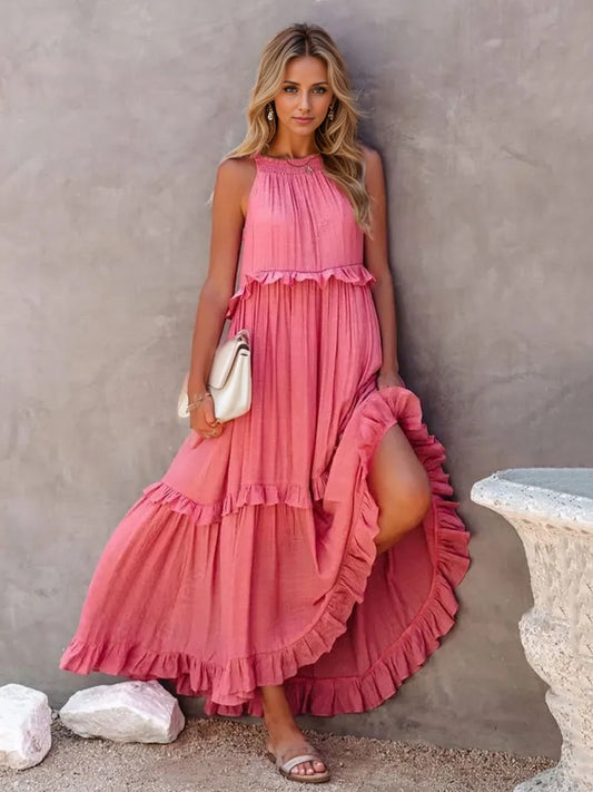 Ruffled Sleeveless Tiered Maxi Dress with Pockets - Saucy and Chic 