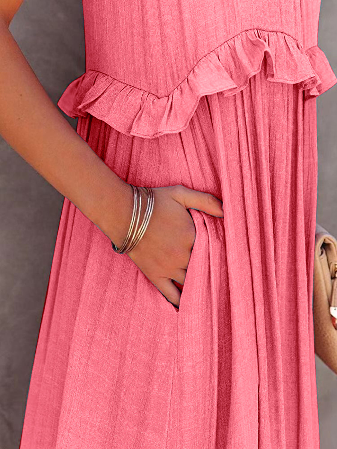 Ruffled Sleeveless Tiered Maxi Dress with Pockets - Saucy and Chic 