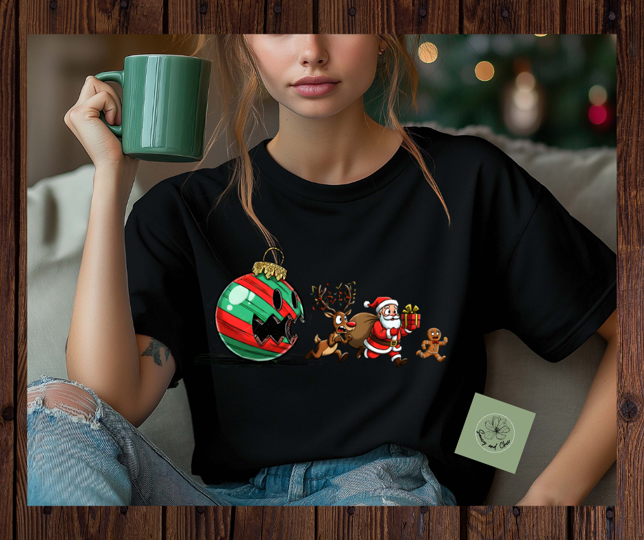 Funny Christmas Shirt – Ornament Chasing Santa, Reindeer & Gingerbread Man | Hilarious Holiday Tee for Adults