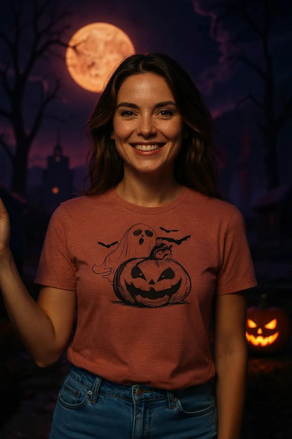 Spooky Season Graphic Tee – Ghost, Knife & Pumpkin Halloween Shirt